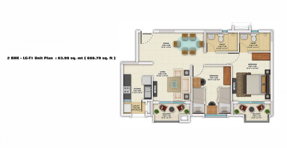 2 BHK Floor Plan - TATA New Heaven Ribbon walk, Mambakkam.